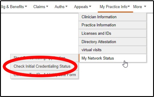 Sub-menu to find the Initial Credentialing Status Toolbar